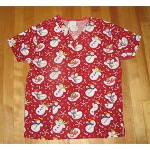 WS Fundamentally Red Snowman & Candy Canes Nurses Scrub Top Size S